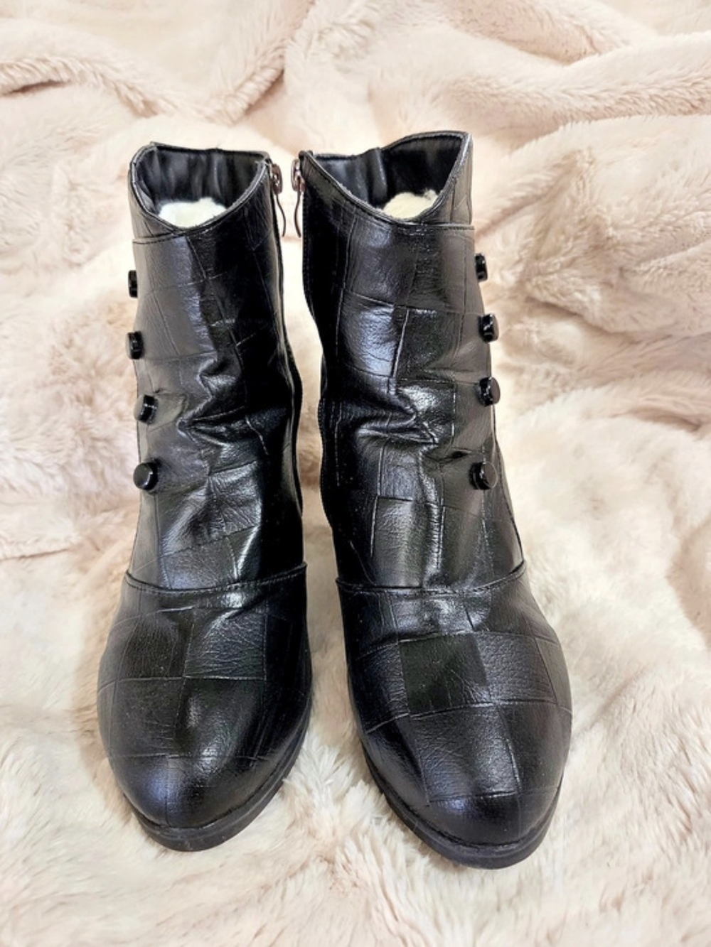 Black Button Detail Heeled Ankle Boots